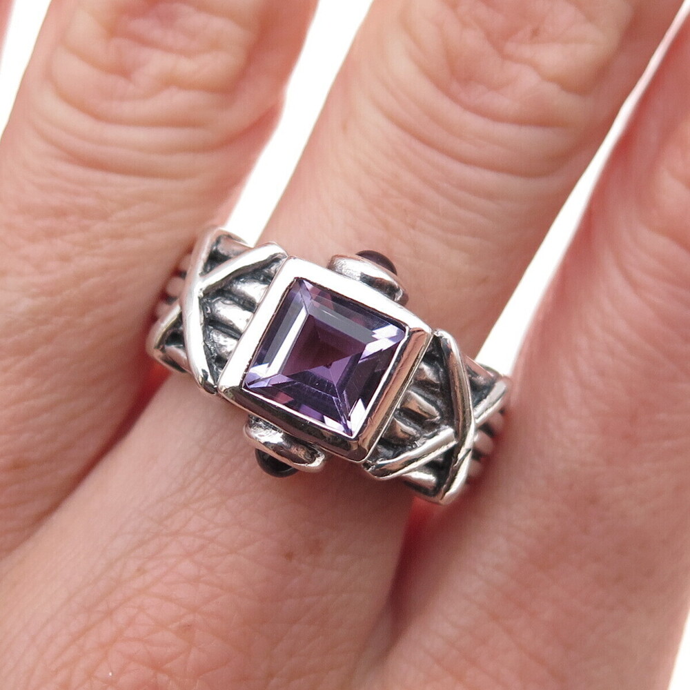 925 Sterling Silver Vintage Real Amethyst Modernist Oxidized Ring Size 7